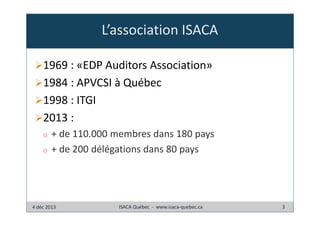 L’association ISACA
1969 : «EDP Auditors Association»
1984 : APVCSI à Québec
1998 : ITGI
2013 :
o
o

+ de 110.000 membres dans 180 pays
+ de 200 délégations dans 80 pays

4 déc 2013

ISACA Québec - www.isaca-quebec.ca

3

 