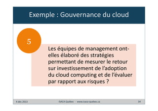 Exemple : Gouvernance du cloud

5
Les équipes de management ontelles élaboré des stratégies
permettant de mesurer le retour
sur investissement de l’adoption
du cloud computing et de l’évaluer
par rapport aux risques ?

4 déc 2013

ISACA Québec - www.isaca-quebec.ca

34

 