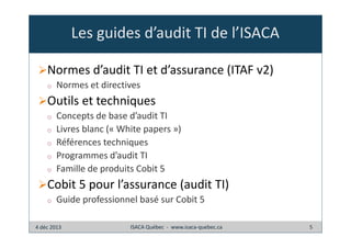 Les guides d’audit TI de l’ISACA
Normes d’audit TI et d’assurance (ITAF v2)
o

Normes et directives

Outils et techniques
o
o
o
o
o

Concepts de base d’audit TI
Livres blanc (« White papers »)
Références techniques
Programmes d’audit TI
Famille de produits Cobit 5

Cobit 5 pour l’assurance (audit TI)
o

Guide professionnel basé sur Cobit 5

4 déc 2013

ISACA Québec - www.isaca-quebec.ca

5

 