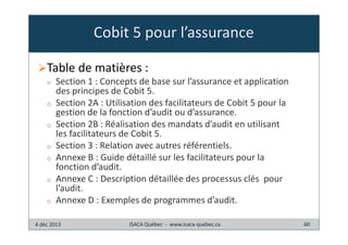 Cobit 5 pour l’assurance
Table de matières :
o
o
o
o
o
o
o

Section 1 : Concepts de base sur l’assurance et application
des principes de Cobit 5.
Section 2A : Utilisation des facilitateurs de Cobit 5 pour la
gestion de la fonction d’audit ou d’assurance.
Section 2B : Réalisation des mandats d’audit en utilisant
les facilitateurs de Cobit 5.
Section 3 : Relation avec autres référentiels.
Annexe B : Guide détaillé sur les facilitateurs pour la
fonction d’audit.
Annexe C : Description détaillée des processus clés pour
l’audit.
Annexe D : Exemples de programmes d’audit.

4 déc 2013

ISACA Québec - www.isaca-quebec.ca

60

 