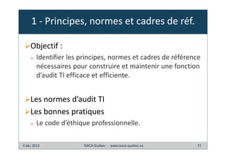 1 - Principes, normes et cadres de réf.
Objectif :
o

Identifier les principes, normes et cadres de référence
nécessaires pour construire et maintenir une fonction
d’audit TI efficace et efficiente.

Les normes d’audit TI
Les bonnes pratiques
o

Le code d’éthique professionnelle.

4 déc 2013

ISACA Québec - www.isaca-quebec.ca

72

 