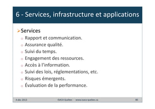 6 - Services, infrastructure et applications
Services
o
o
o
o
o
o
o
o

Rapport et communication.
Assurance qualité.
Suivi du temps.
Engagement des ressources.
Accès à l’information.
Suivi des lois, réglementations, etc.
Risques émergents.
Évaluation de la performance.

4 déc 2013

ISACA Québec - www.isaca-quebec.ca

80

 
