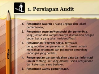 1. Persiapan Audit 
1. Penentuan sasaran : ruang lingkup dan lokasi 
pemeriksaan, 
2. Penentuan susunan/komposisi tim pemeriksa, 
yang jumlah dan kompetensinya disesuaikan dengan 
beban kerja yang telah teridentifikasi, 
3. Penyusunan Program Kerja, termasuk 
pengumpulan dan penelaahan informasi umum 
mencakup ketentuan dan peraturan perundang-undangan 
yang berlaku, 
4. Pengumpulan dan penelaahan data dan informasi 
umum tentang unit yang diaudit, serta kebijaksaan 
dan ketentuan yang berlaku, 
5. Penentuan waktu pemeriksaan. 
 