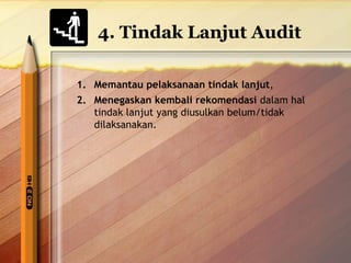 4. Tindak Lanjut Audit 
1. Memantau pelaksanaan tindak lanjut, 
2. Menegaskan kembali rekomendasi dalam hal 
tindak lanjut yang diusulkan belum/tidak 
dilaksanakan. 
 