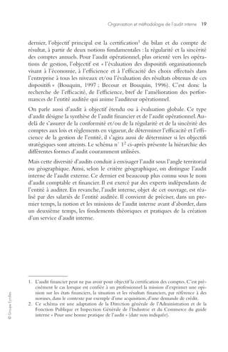 Organisation et méthodologie de l’audit interne 19 
© Groupe Eyrolles 
dernier, l’objectif principal est la certification1 du bilan et du compte de 
résultat, à partir de deux notions fondamentales : la régularité et la sincérité 
des comptes annuels. Pour l’audit opérationnel, plus orienté vers les opéra-tions 
de gestion, l’objectif est « l’évaluation des dispositifs organisationnels 
visant à l’économie, à l’efficience et à l’efficacité des choix effectués dans 
l’entreprise à tous les niveaux et/ou l’évaluation des résultats obtenus de ces 
dispositifs » (Bouquin, 1997 ; Becour et Bouquin, 1996). C’est donc la 
recherche de l’efficacité, de l’efficience, bref de l’amélioration des perfor-mances 
de l’entité auditée qui anime l’auditeur opérationnel. 
On parle aussi d’audit à objectif étendu ou à évaluation globale. Ce type 
d’audit désigne la synthèse de l’audit financier et de l’audit opérationnel. Au-delà 
de s’assurer de la conformité et/ou de la régularité et de la sincérité des 
comptes aux lois et règlements en vigueur, de déterminer l’efficacité et l’effi-cience 
de la gestion de l’entité, il s’agira aussi de déterminer si les objectifs 
stratégiques sont atteints. Le schéma n° 12 ci-après présente la hiérarchie des 
différentes formes d’audit couramment utilisées. 
Mais cette diversité d’audits conduit à envisager l’audit sous l’angle territorial 
ou géographique. Ainsi, selon le critère géographique, on distingue l’audit 
interne de l’audit externe. Ce dernier est beaucoup plus connu sous le nom 
d’audit comptable et financier. Il est exercé par des experts indépendants de 
l’entité à auditer. En revanche, l’audit interne, objet de cet ouvrage, est réa-lisé 
par des salariés de l’entité auditée. Il convient de préciser, dans un pre-mier 
temps, la notion et les missions de l’audit interne avant d’aborder, dans 
un deuxième temps, les fondements théoriques et pratiques de la création 
d’un service d’audit interne. 
1. L’audit financier peut ne pas avoir pour objectif la certification des comptes. C’est pré-cisément 
le cas lorsque est confiée à un professionnel la mission d’exprimer une opi-nion 
sur les états financiers, la situation et les résultats financiers, par référence à des 
normes, dans le contexte par exemple d’une acquisition, d’une demande de crédit. 
2. Ce schéma est une adaptation de la Direction générale de l’Administration et de la 
Fonction Publique et Inspection Générale de l’Industrie et du Commerce du guide 
interne « Pour une bonne pratique de l’audit » (date non indiquée). 
 