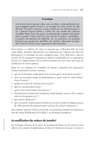 L’audit des fraudes dans les filiales 227 
© Groupe Eyrolles 
En pratique 
Une structure de ce type est créée, avec à sa tête un responsable des ban-ques 
engagées auprès d’Enron ou un manager de niveau moyen de cette 
dernière. Puis Enron cautionne un prêt consenti par ces mêmes banques à 
ces « Special Purpose Entities ». L’achat par ces sociétés des créances 
injustifiées libère Enron des pertes correspondantes et génère mécanique-ment 
un produit. Celui-ci est fictif, mais une fois la caution « camouflée », 
la situation de trésorerie est améliorée. Sur ces opérations, les analystes 
financiers peu perspicaces identifient une situation intéressante et propo-sent 
l’action à l’achat, ce qui augmente la valeur boursière. 
Sur la durée, ce château de cartes ne pouvait que s’effondrer. Près de neuf 
cents filiales attachées directement ou indirectement à Enron ont ainsi été 
démasquées. Le montage est assez complexe, mais « il le valait bien », dans la 
mesure où les managers retiraient un intérêt considérable de ces opérations 
du fait de l’augmentation de la valeur boursière de leurs titres ainsi que de 
l’utilisation de stock-options. 
Dans un cas similaire, les contrôles de nature à identifier les indicateurs 
d’alertes pourraient être les suivants : 
• qui est l’actionnaire majoritaire de la société, gère-t-il d’autres sociétés ? 
• quel est son pourcentage de participation et quels sont les autres déten-teurs 
d’actions ? 
• quelle est la date de création de la société ? 
• quel est son principal client ? 
• quels sont ses principaux fournisseurs ? 
• d’où provient la trésorerie (emprunts, fonds propres, avances de la maison 
mère ou du groupe, etc.) ? 
• qui sont les dirigeants ? 
• qui s’est porté caution pour les prêts au cas où la société ne disposerait pas 
de suffisamment de trésorerie pour racheter les créances douteuses ? 
Une réponse positive à deux ou trois de ces questions constitue un indicateur 
fort du risque d’utilisation de la filiale à un montage frauduleux. 
La modification des valeurs de transfert 
Les échanges relevant de la valeur de transfert des biens ou des services vont 
affecter les comptes d’exploitation, et donc les stocks, les travaux en cours et 
 