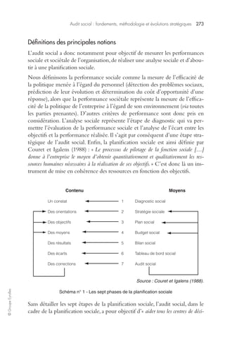 Audit social : fondements, méthodologie et évolutions stratégiques 
273 
© Groupe Eyrolles 
Définitions des principales notions 
L’audit social a donc notamment pour objectif de mesurer les performances 
sociale et sociétale de l’organisation, de réaliser une analyse sociale et d’abou-tir 
à une planification sociale. 
Nous définissons la performance sociale comme la mesure de l’efficacité de 
la politique menée à l’égard du personnel (détection des problèmes sociaux, 
prédiction de leur évolution et détermination du coût d’opportunité d’une 
réponse), alors que la performance sociétale représente la mesure de l’effica-cité 
de la politique de l’entreprise à l’égard de son environnement ( 
via 
toutes 
les parties prenantes). D’autres critères de performance sont donc pris en 
considération. L’analyse sociale représente l’étape de diagnostic qui va per-mettre 
l’évaluation de la performance sociale et l’analyse de l’écart entre les 
objectifs et la performance réalisée. Il s’agit par conséquent d’une étape stra-tégique 
de l’audit social. Enfin, la planification sociale est ainsi définie par 
Couret et Igalens (1988) : « 
Le processus de pilotage de la fonction sociale […] 
donne à l’entreprise le moyen d’obtenir quantitativement et qualitativement les res-sources 
humaines nécessaires à la réalisation de ses objectifs. 
» C’est donc là un ins-trument 
de mise en cohérence des ressources en fonction des objectifs. 
Contenu Moyens 
Source : Couret et Igalens (1988). 
Schéma n° 1 - Les sept phases de la planification sociale 
Sans détailler les sept étapes de la planification sociale, l’audit social, dans le 
cadre de la planification sociale, a pour objectif d’« 
aider tous les centres de déci- 
Un constat 
Des orientations 
Des objectifs 
Des moyens 
Des résultats 
Des écarts 
Des corrections 
1 
2 
3 
4 
5 
6 
7 
Diagnostic social 
Stratégie sociale 
Plan social 
Budget social 
Bilan social 
Tableau de bord social 
Audit social 
 