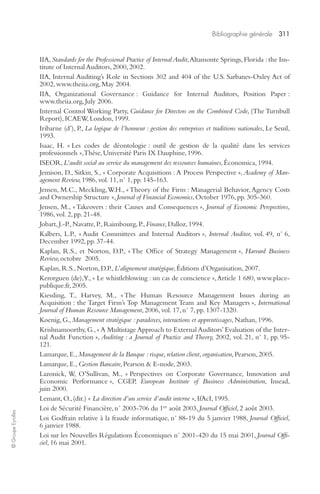 Bibliographie générale 311 
© Groupe Eyrolles 
IIA, Standards for the Professional Practice of Internal Audit, Altamonte Springs, Florida : the Ins-titute 
of Internal Auditors, 2000, 2002. 
IIA, Internal Auditing’s Role in Sections 302 and 404 of the U.S. Sarbanes-Oxley Act of 
2002, www.theiia.org, May 2004. 
IIA, Organizational Governance : Guidance for Internal Auditors, Position Paper : 
www.theiia.org, July 2006. 
Internal Control Working Party, Guidance for Directors on the Combined Code, (The Turnbull 
Report), ICAEW, London, 1999. 
Iribarne (d’), P., La logique de l’honneur : gestion des entreprises et traditions nationales, Le Seuil, 
1993. 
Isaac, H. « Les codes de déontologie : outil de gestion de la qualité dans les services 
professionnels », Thèse, Université Paris IX Dauphine, 1996. 
ISEOR, L’audit social au service du management des ressources humaines, Économica, 1994. 
Jemison, D., Sitkin, S., « Corporate Acquisitions : A Process Perspective », Academy of Man-agement 
Review, 1986, vol. 11, n° 1, pp. 145-163. 
Jensen, M.C., Meckling, W.H., « Theory of the Firm : Managerial Behavior, Agency Costs 
and Ownership Structure », Journal of Financial Economics, October 1976, pp. 305-360. 
Jensen, M., « Takeovers : their Causes and Consequences », Journal of Economic Perspectives, 
1986, vol. 2, pp. 21-48. 
Jobart, J.-P., Navatte, P., Raimbourg, P., Finance, Dalloz, 1994. 
Kalbers, L.P., « Audit Committees and Internal Auditors », Internal Auditor, vol. 49, n° 6, 
December 1992, pp. 37-44. 
Kaplan, R.S., et Norton, D.P., « The Office of Strategy Management », Harvard Business 
Review, octobre 2005. 
Kaplan, R.S., Norton, D.P., L’alignement stratégique, Éditions d’Organisation, 2007. 
Kerorguen (de), Y., « Le whistleblowing : un cas de conscience », Article 1 680, www.place-publique. 
fr, 2005. 
Kiessling, T., Harvey, M., « The Human Resource Management Issues during an 
Acquisition : the Target Firm’s Top Management Team and Key Managers », International 
Journal of Human Resource Management, 2006, vol. 17, n° 7, pp. 1307-1320. 
Koenig, G., Management stratégique : paradoxes, interactions et apprentissages, Nathan, 1996. 
Krishnamoorthy, G., « A Multistage Approach to External Auditors’ Evaluation of the Inter-nal 
Audit Function », Auditing : a Journal of Practice and Theory, 2002, vol. 21, n° 1, pp. 95- 
121. 
Lamarque, E., Management de la Banque : risque, relation client, organisation, Pearson, 2005. 
Lamarque, E., Gestion Bancaire, Pearson & E-node, 2003. 
Lazonick, W, O’Sullivan, M., « Perspectives on Corporate Governance, Innovation and 
Economic Performance », CGEP, European Institute of Business Administration, Insead, 
juin 2000. 
Lemant, O., (dir.) « La direction d’un service d’audit interne », IfAcI, 1995. 
Loi de Sécurité Financière, n° 2003-706 du 1er août 2003, Journal Officiel, 2 août 2003. 
Loi Godfrain relative à la fraude informatique, n° 88-19 du 5 janvier 1988, Journal Officiel, 
6 janvier 1988. 
Loi sur les Nouvelles Régulations Économiques n° 2001-420 du 15 mai 2001, Journal Offi-ciel, 
16 mai 2001. 
 