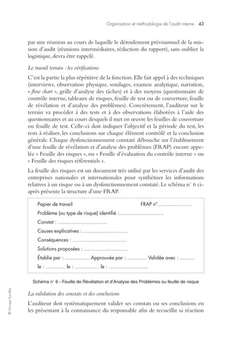 Organisation et méthodologie de l’audit interne 43 
© Groupe Eyrolles 
par une réunion au cours de laquelle le déroulement prévisionnel de la mis-sion 
d’audit (réunions intermédiaires, rédaction du rapport), sans oublier la 
logistique, devra être rappelé. 
Le travail terrain : les vérifications 
C’est la partie la plus répétitive de la fonction. Elle fait appel à des techniques 
(interviews, observation physique, sondages, examen analytique, narration, 
« flow chart », grille d’analyse des tâches) et à des moyens (questionnaire de 
contrôle interne, tableaux de risques, feuille de test ou de couverture, feuille 
de révélation et d’analyse des problèmes). Concrètement, l’auditeur sur le 
terrain va procéder à des tests et à des observations élaborées à l’aide des 
questionnaires et au cours desquels il met en oeuvre les feuilles de couverture 
ou feuille de test. Celle-ci doit indiquer l’objectif et la période du test, les 
tests à réaliser, les conclusions sur chaque élément contrôlé et la conclusion 
générale. Chaque dysfonctionnement constaté débouche sur l’établissement 
d’une feuille de révélation et d’analyse des problèmes (FRAP) encore appe-lée 
« Feuille des risques », ou « Feuille d’évaluation du contrôle interne » ou 
« Feuille des risques référentiels ». 
La feuille des risques est un document très utilisé par les services d’audit des 
entreprises nationales et internationales pour synthétiser les informations 
relatives à un risque ou à un dysfonctionnement constaté. Le schéma n° 6 ci-après 
présente la structure d’une FRAP. 
Papier de travail FRAP n°………………… 
Problème (ou type de risque) identifié :……………………… 
Constat : ………………………… 
Causes explicatives : ……………………… 
Conséquences : …………………………… 
Solutions proposées : ……………………… 
Établie par : …………… Approuvée par : ………… Validée avec : ……… 
le : ………… le : …………… le : …………………… 
Schéma n° 6 - Feuille de Révélation et d’Analyse des Problèmes ou feuille de risque 
La validation des constats et des conclusions 
L’auditeur doit systématiquement valider ses constats ou ses conclusions en 
les présentant à la connaissance du responsable afin de recueillir sa réaction 
 