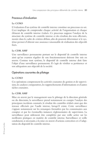 Une comparaison des principaux référentiels de contrôle interne 83 
© Groupe Eyrolles 
Processus d’évaluation 
Le COSO 
L’évaluation d’un système de contrôle interne constitue un processus en soi. 
Ceci implique de comprendre chaque activité de l’organisation et chaque 
élément de contrôle interne évalués. Ce processus suppose l’analyse de la 
structure du système de contrôle interne et des résultats des tests effectués, 
menée dans le cadre de critères définis, afin de pouvoir déterminer si le sys-tème 
permet d’obtenir une assurance raisonnable de réalisation des objectifs 
fixés. 
Le CDR AMF 
Une surveillance permanente portant sur le dispositif de contrôle interne 
ainsi qu’un examen régulier de son fonctionnement doivent être mis en 
oeuvre. Comme tout système, le dispositif de contrôle interne doit faire 
l’objet d’une surveillance permanente. Il s’agit de vérifier sa pertinence et 
son adéquation aux objectifs de la société. 
Opérations courantes de pilotage 
Le COSO 
Ces opérations comprennent les activités courantes de gestion et de supervi-sion, 
les analyses comparatives, les rapprochements d’informations et d’autres 
tâches courantes. 
Le CDR AMF 
Mise en oeuvre par le management sous le pilotage de la direction générale 
ou du directoire, la surveillance prend notamment en compte l’analyse des 
principaux incidents constatés, le résultat des contrôles réalisés ainsi que des 
travaux effectués par l’audit interne, lorsqu’il existe. Cette surveillance 
s’appuie notamment sur les remarques formulées par les commissaires aux 
comptes et par les éventuelles instances réglementaires de supervision. La 
surveillance peut utilement être complétée par une veille active sur les 
meilleures pratiques en matière de contrôle interne. Surveillance et veille 
conduisent, si nécessaire, à la mise en oeuvre d’actions correctives et à l’adap-tation 
du dispositif de contrôle interne. 
 