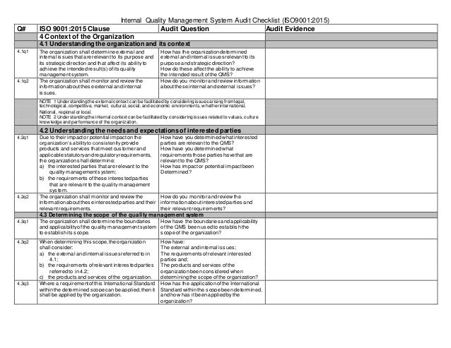 Internal quality audit checklist sample
