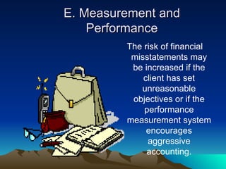 E. Measurement and
    Performance
         The risk of financial
          misstatements may
          be increased if the
             client has set
            unreasonable
          objectives or if the
             performance
         measurement system
              encourages
              aggressive
              accounting.
 