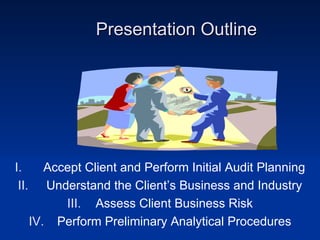Presentation Outline




I.        Accept Client and Perform Initial Audit Planning
 II.      Understand the Client’s Business and Industry
             III. Assess Client Business Risk
       IV. Perform Preliminary Analytical Procedures
 
