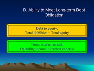 D. Ability to Meet Long-term Debt
              Obligation


           Debt to equity:
   Total liabilities ÷ Total equity


       Times interest earned:
Operating income ÷ Interest expense
 