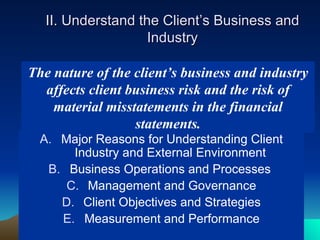 II. Understand the Client’s Business and
                    Industry

The nature of the client’s business and industry
  affects client business risk and the risk of
    material misstatements in the financial
                  statements.
  A. Major Reasons for Understanding Client
       Industry and External Environment
   B. Business Operations and Processes
      C. Management and Governance
     D. Client Objectives and Strategies
     E. Measurement and Performance
 