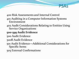 400 Risk Assessments and Internal Control
401 Auditing in a Computer Information Systems
Environment
402 Audit Considerations Relating to Entities Using
Service Organizations
500-599 Audit Evidence
500 Audit Evidence
500R Audit Evidence
501 Audit Evidence—Additional Considerations for
Specific Items
505 External Confirmations
PSAs
 
