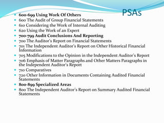  600-699 Using Work Of Others
 600 The Audit of Group Financial Statements
 610 Considering the Work of Internal Auditing
 620 Using the Work of an Expert
 700-799 Audit Conclusions And Reporting
 700 The Auditor’s Report on Financial Statements
 701 The Independent Auditor’s Report on Other Historical Financial
Information
 705 Modifications to the Opinion in the Independent Auditor’s Report
 706 Emphasis of Matter Paragraphs and Other Matters Paragraphs in
the Independent Auditor’s Report
 710 Comparatives
 720 Other Information in Documents Containing Audited Financial
Statements
 800-899 Specialized Areas
 800 The Independent Auditor’s Report on Summary Audited Financial
Statements
PSAs
 