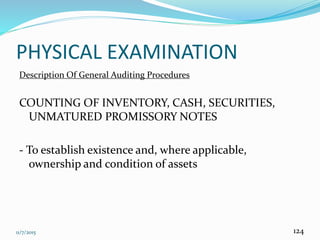 11/7/2015 124
PHYSICAL EXAMINATION
Description Of General Auditing Procedures
COUNTING OF INVENTORY, CASH, SECURITIES,
UNMATURED PROMISSORY NOTES
- To establish existence and, where applicable,
ownership and condition of assets
 