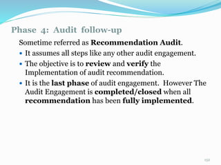 Phase 4: Audit follow-up
11/7/2015 152
Sometime referred as Recommendation Audit.
 It assumes all steps like any other audit engagement.
 The objective is to review and verify the
Implementation of audit recommendation.
 It is the last phase of audit engagement. However The
Audit Engagement is completed/closed when all
recommendation has been fully implemented.
 