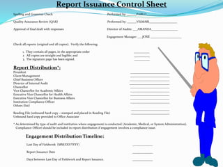 Report Issuance Control Sheet
Spelling and Grammar Check Performed by: ______PABLO____________________
Quality Assurance Review (QAR) Performed by: ______VILMARI__________________
Approval of final draft with responses Director of Audits: ___AMANDA_________________
Engagement Manager: ___JOSE ____________________
Check all reports (original and all copies). Verify the following:
1. They contain all pages, in the appropriate order __________
2 All copies are straight and legible; and __________
3. The signature page has been signed. __________
Report Distribution*:
President
Client Management
Chief Business Officer
Director of Internal Audit
Chancellor
Vice Chancellor for Academic Affairs
Executive Vice Chancellor for Health Affairs
Executive Vice Chancellor for Business Affairs
Institution Compliance Officer
Others (list)
Reading File (unbound hard copy – stamped and placed in Reading File)
Unbound hard copy provided to Office Associate
* As determined by type of audit and institution where engagement is conducted (Academic, Medical, or System Administration).
Compliance Officer should be included in report distribution if engagement involves a compliance issue.
Engagement Distribution Timeline:
Last Day of Fieldwork (MM/DD/YYYY) _____________
Report Issuance Date _____________
Days between Last Day of Fieldwork and Report Issuance. _____________
 