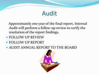 Audit
Approximately one year of the final report, Internal
Audit will perform a follow-up review to verify the
resolution of the report findings.
 FOLLOW UP REVIEW
 FOLLOW UP REPORT
 AUDIT ANNUAL REPORT TO THE BOARD
 