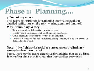 Phase 1: Planning….
11/7/2015 36
5. Preliminary survey
This refers to the process for gathering information without
detailed verification on the activity being examined (audited)
Why Preliminary Survey
 To understand well the activity under review.
 Identify significant areas that worth special emphasis.
 Obtain relevant information for use in actual audit.
 Determine whether further audit is necessary (nature, timing and extent of
detailed audit work).
Note: i) No fieldwork should be started unless preliminary
survey has been conducted.
Survey work may be more extensive for activities that are audited
for the first time than for areas that were audited previously.
 