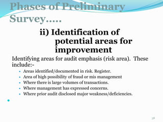 Phases of Preliminary
Survey…..
11/7/2015 38
ii) Identification of
potential areas for
improvement
Identifying areas for audit emphasis (risk area). These
include:-
 Areas identified/documented in risk. Register.
 Area of high possibility of fraud or mis management
 Where there is large volumes of transactions.
 Where management has expressed concerns.
 Where prior audit disclosed major weakness/deficiencies.

 