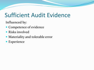 Sufficient Audit Evidence
Influenced by:
 Competence of evidence
 Risks involved
 Materiality and tolerable error
 Experience
 