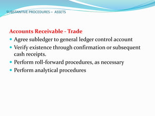 SUBSTANTIVE PROCEDURES – ASSETS
Accounts Receivable - Trade
 Agree subledger to general ledger control account
 Verify existence through confirmation or subsequent
cash receipts.
 Perform roll-forward procedures, as necessary
 Perform analytical procedures
 