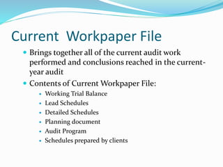 Current Workpaper File
 Brings together all of the current audit work
performed and conclusions reached in the current-
year audit
 Contents of Current Workpaper File:
 Working Trial Balance
 Lead Schedules
 Detailed Schedules
 Planning document
 Audit Program
 Schedules prepared by clients
 
