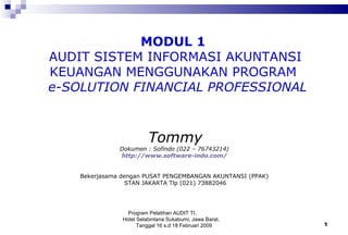 Program Pelatihan AUDIT TI,
Hotel Selabintana Sukabumi, Jawa Barat,
Tanggal 16 s.d 18 Februari 2009 1
MODUL 1
AUDIT SISTEM INFORMASI AKUNTANSI
KEUANGAN MENGGUNAKAN PROGRAM
e-SOLUTION FINANCIAL PROFESSIONAL
Tommy
Dokumen : Sofindo (022 – 76743214)
http://www.software-indo.com/
Bekerjasama dengan PUSAT PENGEMBANGAN AKUNTANSI (PPAK)
STAN JAKARTA Tlp (021) 73882046
 