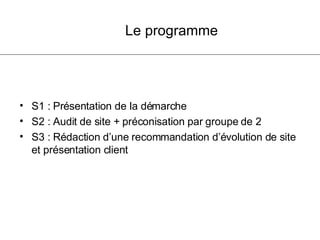 Le programme S1 : Présentation de la démarche S2 : Audit de site + préconisation par groupe de 2  S3 : Rédaction d’une recommandation d’évolution de site et présentation client 