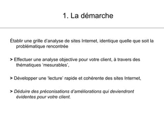1. La démarche Établir une grille d’analyse de sites Internet, identique quelle que soit la problématique rencontrée >  Effectuer une analyse objective pour votre client, à travers des thématiques ‘mesurables’, >  Développer une ‘lecture’ rapide et cohérente des sites Internet, >   Déduire des préconisations d’améliorations qui deviendront évidentes pour votre client. 