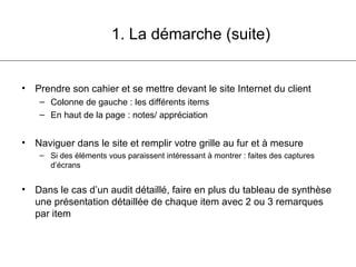 1. La démarche (suite) Prendre son cahier et se mettre devant le site Internet du client Colonne de gauche : les différents items En haut de la page : notes/ appréciation Naviguer dans le site et remplir votre grille au fur et à mesure Si des éléments vous paraissent intéressant à montrer : faites des captures d’écrans Dans le cas d’un audit détaillé, faire en plus du tableau de synthèse une présentation détaillée de chaque item avec 2 ou 3 remarques par item 