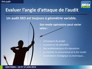 13
SMX PARIS – 16 ET 17 JUIN 2014
Evaluer l’angle d’attaque de l’audit
Son mode opératoire peut varier
selon :
• L’envergure du projet
• La présence de pénalités
• Des problématiques d’e-réputation
• Le marché, la concurrence et le biz model
• L’orientation stratégique ou technique…
Pré-audit
Un audit SEO est toujours à géométrie variable.
 