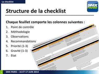 19
SMX PARIS – 16 ET 17 JUIN 2014
Structure de la checklist
Chaque feuillet comporte les colonnes suivantes :
1. Point de contrôle
2. Méthodologie
3. Observations
4. Recommandations
5. Priorité (1-3)
6. Gravité (1-3)
7. Etat
La checklist
 