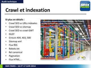24
SMX PARIS – 16 ET 17 JUIN 2014
Crawl et indexation
Et plus en détails :
• Crawl SEO vs URLs indexées
• Crawl SEO vs sitemap
• Crawl SEO vs crawl GWT
• DUST
• Erreurs 404, 403, 500
• Sitemap xml
• Flux RSS
• Robots.txt
• Rel canonical
• Pagination
• Flux HTML…
Audit technique
L’indexation réclame beaucoup d’énergie… et d’argent.
Faciliter le travail des robots = meilleure indexation.
 