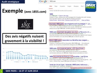 44
SMX PARIS – 16 ET 17 JUIN 2014
Exemple (avec 1855.com)
Audit stratégique
Des avis négatifs nuisent
gravement à la visibilité !
 