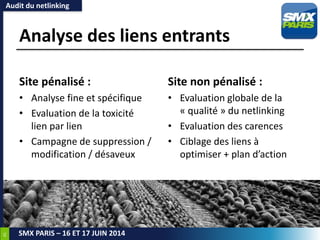 45
SMX PARIS – 16 ET 17 JUIN 2014
Analyse des liens entrants
Site pénalisé :
• Analyse fine et spécifique
• Evaluation de la toxicité
lien par lien
• Campagne de suppression /
modification / désaveux
Site non pénalisé :
• Evaluation globale de la
« qualité » du netlinking
• Evaluation des carences
• Ciblage des liens à
optimiser + plan d’action
Audit du netlinking
 