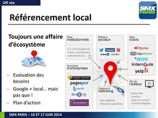 47
SMX PARIS – 16 ET 17 JUIN 2014
Référencement local
- Evaluation des
besoins
- Google + local… mais
pas que !
- Plan d’action
Off site
Toujours une affaire
d’écosystème
 