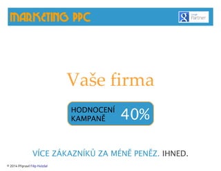 Vaše firma 
VÍCE ZÁKAZNÍKŮ ZA MÉNĚ PENĚZ. IHNED. 
© 2014 Připravil Filip Hvízdal 
HODNOCENÍ 
KAMPANĚ 40% 
 