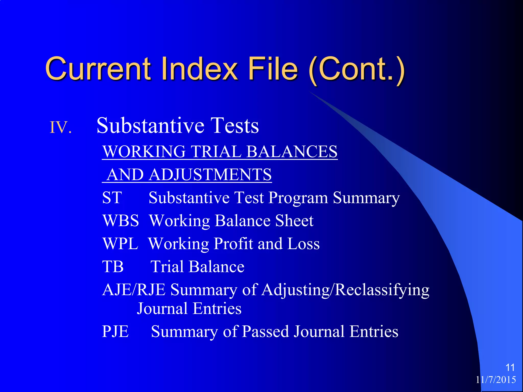 11/7/2015
11
Current Index File (Cont.)
IV. Substantive Tests
WORKING TRIAL BALANCES
AND ADJUSTMENTS
ST Substantive Test Program Summary
WBS Working Balance Sheet
WPL Working Profit and Loss
TB Trial Balance
AJE/RJE Summary of Adjusting/Reclassifying
Journal Entries
PJE Summary of Passed Journal Entries
 