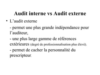 Audit interne vs Audit externe
• L’audit externe
  - permet une plus grande indépendance pour
  l’auditeur,
  - une plus large gamme de références
  extérieures (degré de professionnalisation plus élevé).
  - permet de cacher la personnalité du
  prescripteur.
 