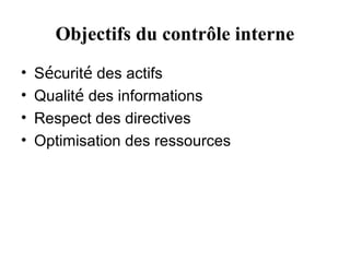Objectifs du contrôle interne
•   Sécurité des actifs
•   Qualité des informations
•   Respect des directives
•   Optimisation des ressources
 