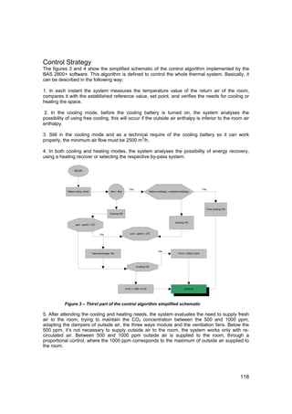 Control Strategy
The figures 3 and 4 show the simplified schematic of the control algorithm implemented by the
BAS 2800+ software. This algorithm is defined to control the whole thermal system. Basically, it
can be described in the following way:

1. In each instant the system measures the temperature value of the return air of the room,
compares it with the established reference value, set point, and verifies the needs for cooling or
heating the space.

 2. In the cooling mode, before the cooling battery is turned on, the system analyses the
possibility of using free cooling, this will occur if the outside air enthalpy is inferior to the room air
enthalpy.

3. Still in the cooling mode and as a technical require of the cooling battery so it can work
properly, the minimum air flow must be 2500 m3/h.

4. In both cooling and heating modes, the system analyses the possibility of energy recovery,
using a heating recover or selecting the respective by-pass system.

                  BEGIN




                                                                  Yes                                                            Yes
            Return temp. (θret)                 θ ret > θref                         Return enthalpy > ambient enthalpy




                                                                                                                                       Free-cooling ON
                                               Cooling ON


                                                                                                           Cooling ON
                  qret - qamb > 2ºC


                                       Yes                         qret - qamb < 2ºC




                                                                                            Yes
                                  Heat exchanger ON                                                          Vmin = 2500 m^e/h




                                                                        Cooling ON




                                                               Vmin = 1500 m^3/h                                  continue




           Figure 3 – Thirst part of the control algorithm simplified schematic

5. After attending the cooling and heating needs, the system evaluates the need to supply fresh
air to the room, trying to maintain the CO2 concentration between the 500 and 1000 ppm,
adapting the dampers of outside air, the three ways module and the ventilation fans. Below the
500 ppm, it’s not necessary to supply outside air to the room, the system works only with re-
circulated air. Between 500 and 1000 ppm outside air is supplied to the room, through a
proportional control, where the 1000 ppm corresponds to the maximum of outside air supplied to
the room.




                                                                                                                                                         118
 