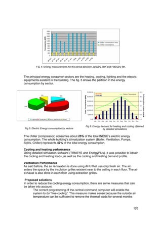 Fig. 4: Energy measurements for the period between January 28th and February 5th.



The principal energy consumer sectors are the heating, cooling, lighting and the electric
equipments existent in the building. The fig. 5 shows the partition in the energy
consumption by sector.




                                                      Fig.6: Energy demand for heating and cooling obtained
Fig.5: Electric Energy consumption by sectors                         by detailed simulations


The chiller (compressor) consumes about 25% of the total INESC’s electric energy
consumption. The whole building’s climatization system (Boiler, Ventilation, Pumps,
Splits, Chiller) represents 42% of the total energy consumption.

Cooling and heating performance
Using detailed simulation software (TRNSYS and EnergyPlus), it was possible to obtain
the cooling and heating loads, as well as the cooling and heating demand profile.

Ventilation Performance
As said before, the air renovation is done using AHU that use only fresh air. The air
enters the space by the insulation grilles existent near to the ceiling in each floor. The air
exhaust is also done in each floor using extraction grilles.

 Proposed solutions
In order to reduce the cooling energy consumption, there are some measures that can
be taken into account:
       The correct programming of the central command computer will enable the
       system to do “free-cooling”. This measure makes sense because the outside air
       temperature can be sufficient to remove the thermal loads for several months



                                                                                                 126
 