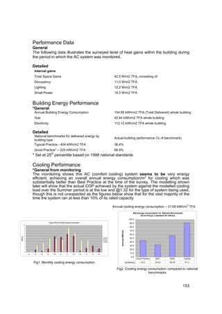 Performance Data
                    General
                    The following data illustrates the surveyed level of heat gains within the building during
                    the period in which the AC system was monitored.

                    Detailed
                     Internal gains
                     Total Space Gains                                                                       42.5 W/m2 TFA, consisting of:
                     Occupancy                                                                               11.0 W/m2 TFA
                     Lighting                                                                                12.2 W/m2 TFA
                     Small Power                                                                             19.3 W/m2 TFA


                    Building Energy Performance
                    *General
                     Annual Building Energy Consumption                                                      154.95 kWh/m2 TFA (Total Delivered) whole building
                     Gas                                                                                     42.84 kWh/m2 TFA whole building
                     Electricity                                                                             112.12 kWh/m2 TFA whole building

                    Detailed
                     National benchmarks for delivered energy by
                                                                                                             Actual building performance (% of benchmark)
                     building type
                     Typical Practice - 404 kWh/m2 TFA                                                       38.4%
                     Good Practice* – 225 kWh/m2 TFA                                                         68.9%
                    * Set at 25th percentile based on 1998 national standards

                    Cooling Performance
                    *General from monitoring
                    The monitoring shows this AC (comfort cooling) system seems to be very energy
                    efficient, achieving an overall annual energy consumption/m2 for cooling which was
                    substantially better than Best Practice at the time of the survey. The modelling shown
                    later will show that the actual COP achieved by the system against the modelled cooling
                    load over the Summer period is at the low end @1.32 for the type of system being used,
                    though this is not unexpected as the figures below show that for the vast majority of the
                    time the system ran at less than 10% of its rated capacity
                                                                                                                                                                                            2
                                                                                                            Annual cooling energy consumption – 31.08 kWh/m TFA
                                                                                                                                       Site Energy Consumption Vs. National Benchmarks
                                                                                                                                               (Econ19 type 2 standard AC offices)
                                                                                                                                   100.0
                                   Project Office DX Splits Energy Consumption                                                      90.0
         10

         9
                                                                                                                                    80.0
                                                                                                                                    70.0
                                                                                                                  Annual kWh/m2




         8

         7
                                                                                                                                    60.0
         6
kWh/m2




         5                                                                                           2000                           50.0
                                                                                                     2001
         4                                                                                           2002                           40.0
         3

         2
                                                                                                                                    30.0
         1                                                                                                                          20.0
         0
              jan    feb   mar   apr     may      jun       jul     aug      sep   oct   nov   dec
                                                                                                                                    10.0
                                                                                                                                     0.0
                                                                                                                                           Good Practice    2001         2002            Typical
                    Fig1: Monthly cooling energy consumption                                                                      kWh/m2       44.0        32.42         56.53            91.0


                                                                                                              Fig2: Cooling energy consumption compared to national
                                                                                                                                   benchmarks



                                                                                                                                                                                     153
 