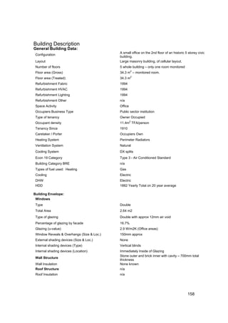 Building Description
General Building Data:
                                            A small office on the 2nd floor of an historic 5 storey civic
 Configuration
                                            building.
 Layout                                     Large masonry building, of cellular layout.
 Number of floors                           5 whole building – only one room monitored
 Floor area (Gross)                         34.3 m2 – monitored room.
                                                     2
 Floor area (Treated)                       34.3 m
 Refurbishment Fabric                       1994
 Refurbishment HVAC                         1994
 Refurbishment Lighting                     1994
 Refurbishment Other                        n/a
 Space Activity                             Office
 Occupiers Business Type                    Public sector institution
 Type of tenancy                            Owner Occupied
                                                     2
 Occupant density                           11.4m TFA/person
 Tenancy Since                              1910
 Caretaker / Porter                         Occupiers Own
 Heating System                             Perimeter Radiators
 Ventilation System                         Natural
 Cooling System                             DX splits
 Econ 19 Category                           Type 3 - Air Conditioned Standard
 Building Category BRE                      n/a
 Types of fuel used: Heating                Gas
 Cooling                                    Electric
 DHW                                        Electric
 HDD                                        1882 Yearly Total on 20 year average

Building Envelope:
 Windows
 Type                                       Double
 Total Area                                 2.64 m2
 Type of glazing                            Double with approx 12mm air void
 Percentage of glazing by facade            16.7%
 Glazing (u-value)                          2.9 W/m2K (Office areas)
 Window Reveals & Overhangs (Size & Loc.)   150mm approx
 External shading devices (Size & Loc.)     None
 Internal shading devices (Type)            Vertical blinds
 Internal shading devices (Location)        Immediately Inside of Glazing
                                            Stone outer and brick inner with cavity – 700mm total
 Wall Structure
                                            thickness
 Wall Insulation                            None known
 Roof Structure                             n/a
 Roof Insulation                            n/a




                                                                                            158
 
