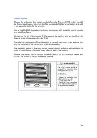 Proposed Solutions:

Change the embedded floor radiant panels to fan-coils. The new HVAC system can still
be defined as air/water system but, it will be composed of AHU’s for ventilation, and cold
– hot water distribution for the fan-coils.

Use a suitable BMS, the system is already predisposed with a specific control console
and suitable software.

Strengthen the fan of the various AHU’s because the existing fans are insufficient to
force air to the offices distant from the AHU

Intensify the maintenance of the fittings that is currently performed by an external firm
and the inspection of the components by the administration.

Use electricity meters to download electric consumption on an hourly and daily basis, in
order to collect further information for an effective audit of the building.

Change the burner that is currently installed (heating oil) to a methane model and
connect the system to the gas distribution network.




                                                                                       24
 