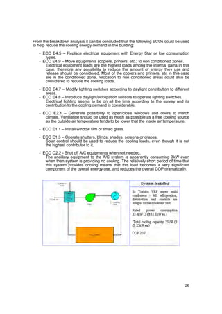From the breakdown analysis it can be concluded that the following ECOs could be used
to help reduce the cooling energy demand in the building:

   - ECO E4.5 – Replace electrical equipment with Energy Star or low consumption
      types.
   - ECO E4.9 – Move equipments (copiers, printers, etc.) to non conditioned zones.
      Electrical equipment loads are the highest loads among the internal gains in this
      case, therefore any possibility to reduce the amount of energy they use and
      release should be considered. Most of the copiers and printers, etc in this case
      are in the conditioned zone, relocation to non conditioned areas could also be
      considered to reduce the cooling loads.

   - ECO E4.7 – Modify lighting switches according to daylight contribution to different
      areas.
   - ECO E4.8 – Introduce daylight/occupation sensors to operate lighting switches.
      Electrical lighting seems to be on all the time according to the survey and its
      contribution to the cooling demand is considerable.

   - ECO E2.1 – Generate possibility to open/close windows and doors to match
      climate. Ventilation should be used as much as possible as a free cooling source
      as the outside air temperature tends to be lower that the inside air temperature.

   - ECO E1.1 – Install window film or tinted glass.

   - ECO E1.3 – Operate shutters, blinds, shades, screens or drapes.
      Solar control should be used to reduce the cooling loads, even though it is not
      the highest contributor to it.

   - ECO O2.2 - Shut off A/C equipments when not needed.
      The ancillary equipment to the A/C system is apparently consuming 3kW even
      when then system is providing no cooling. The relatively short period of time that
      this system provides cooling means that this load becomes a very significant
      component of the overall energy use, and reduces the overall COP dramatically.




                                                                                     26
 